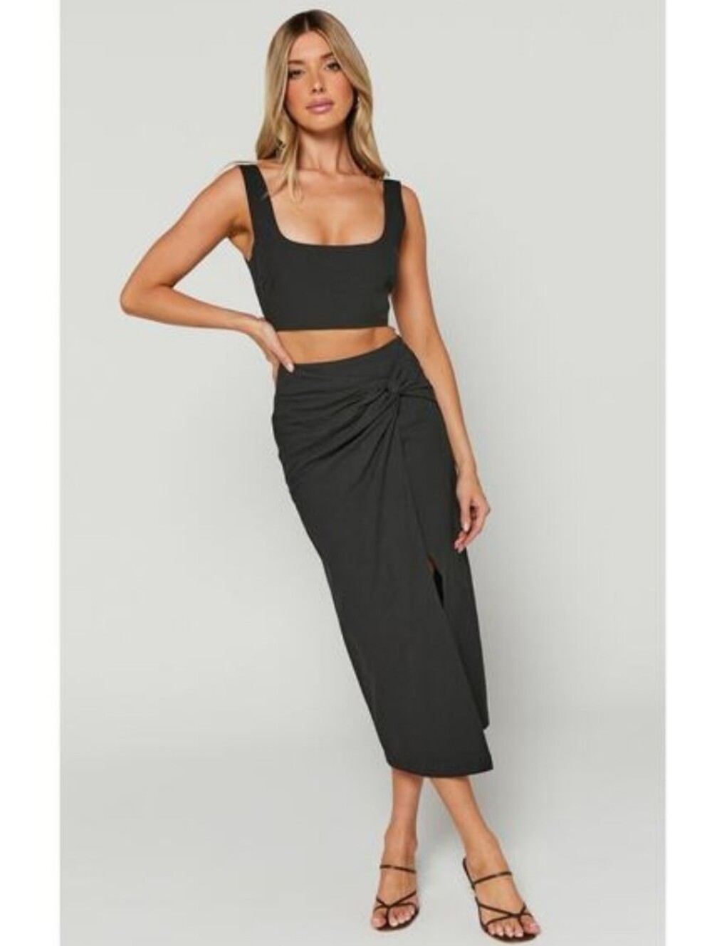 Showpo. Black Twist Knot Midi Skirt with Side Slit - Picture 2 of 8